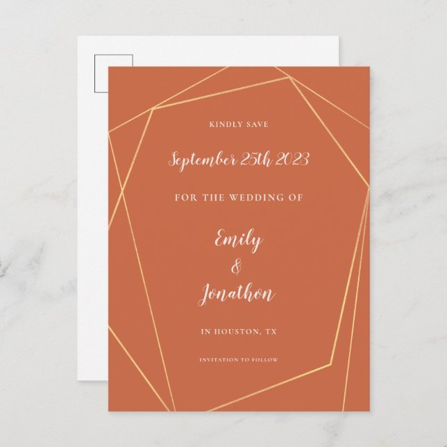 Gold Geometric Terracotta Wedding Save The Date An Announcement Postcard (Front/Back)