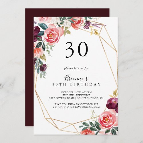 Gold Geometric Tropical Floral 30th Birthday Party Invitation