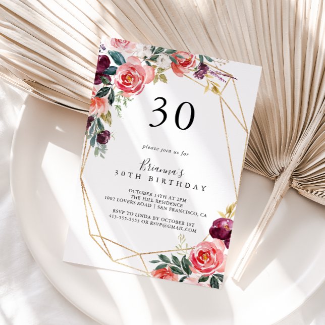 Gold Geometric Tropical Floral 30th Birthday Party Invitation (Creator Uploaded)