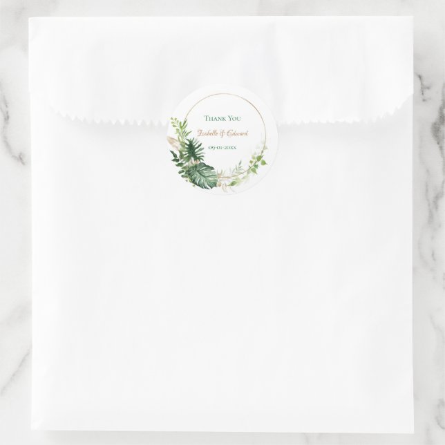 Gold Geometric Tropical Green Monstera Leaves  Classic Round Sticker (Bag)