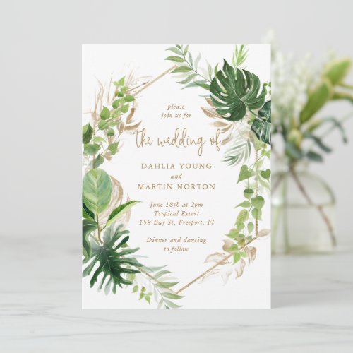 Gold Geometric Tropical Greenery Elegant Wedding Invitation