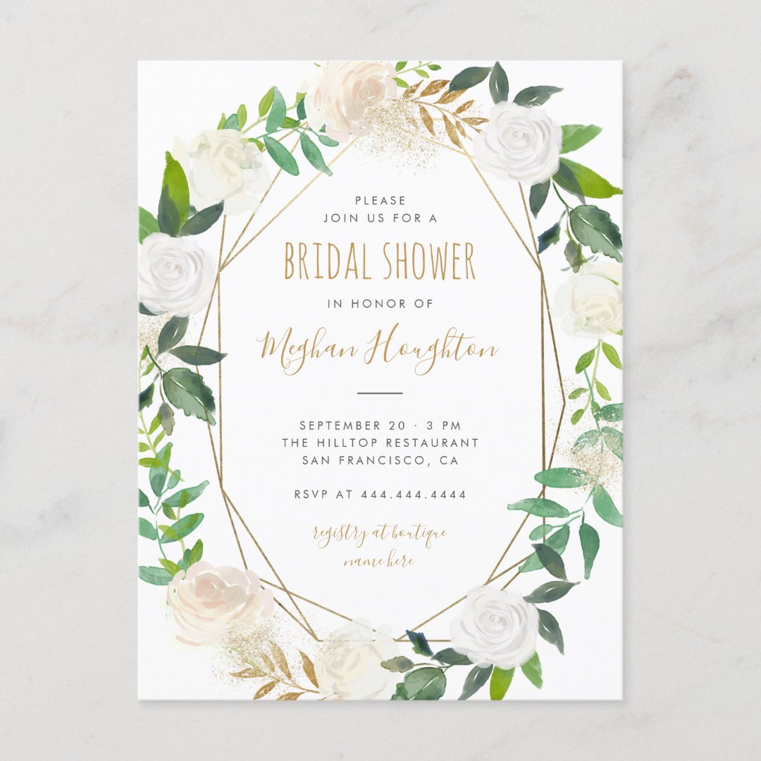Gold Geometric Watercolor Floral Bridal Shower Invitation Postcard | Zazzle