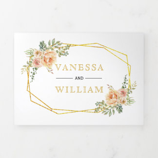 Gold geometric watercolor flowers floral wedding Tri-Fold invitation