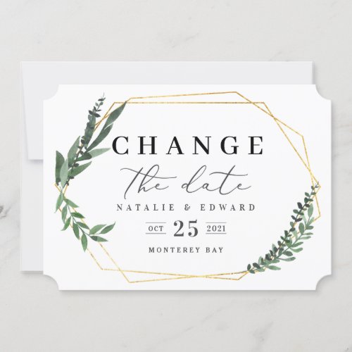 gold geometric watercolor foliage change the date save the date