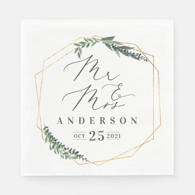 gold geometric watercolor foliage napkins (Front)