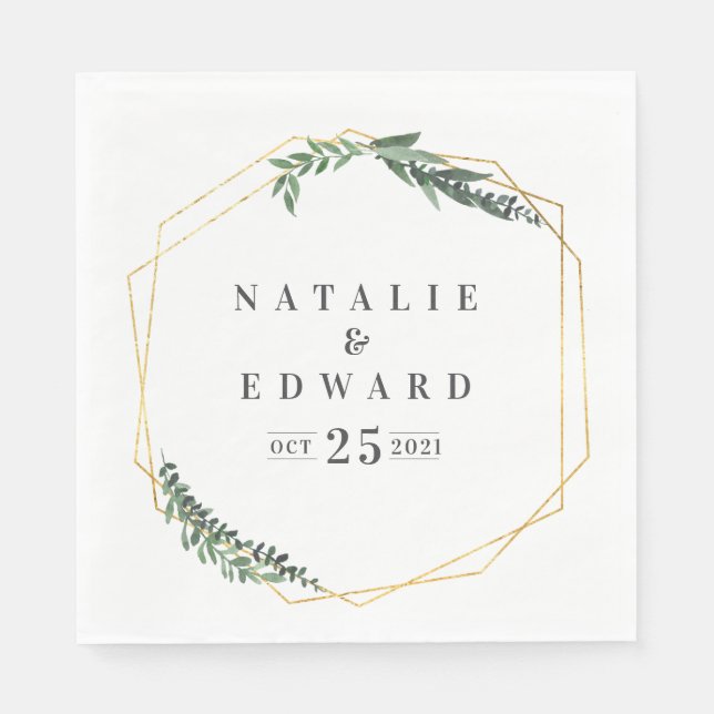 gold geometric watercolor foliage napkins (Front)