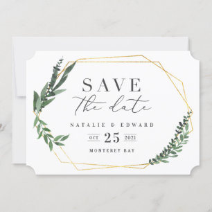 gold geometric watercolor foliage save the date