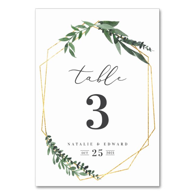 gold geometric watercolor foliage table number (Front)