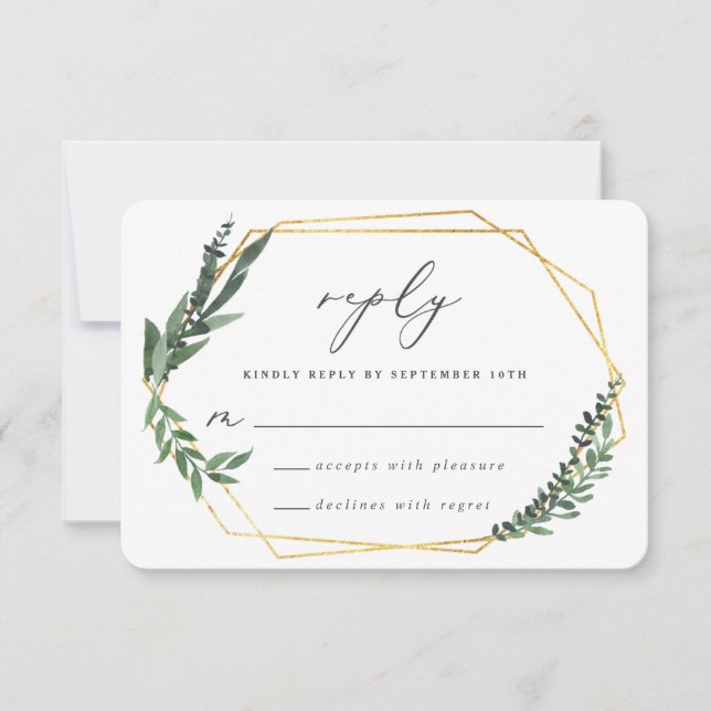 gold geometric watercolor greenery RSVP card (Front)