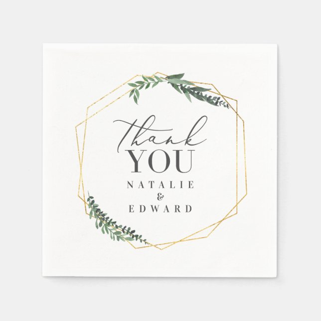 gold geometric watercolor greenery wedding napkins (Front)