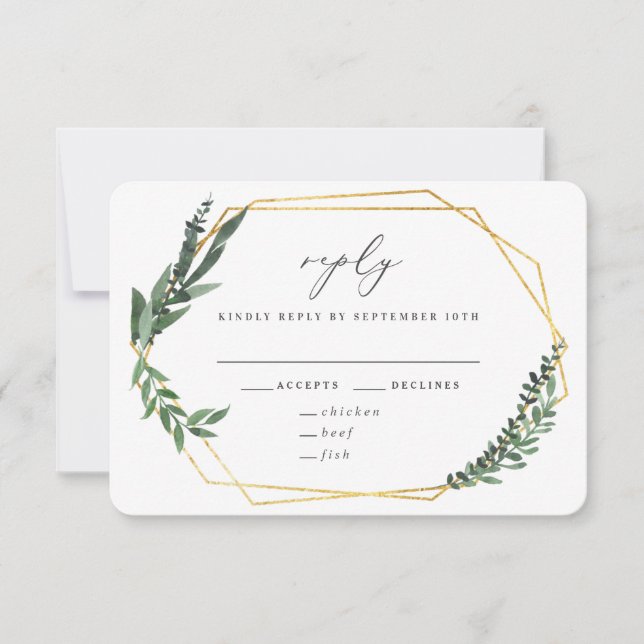 gold geometric watercolor greenery wedding RSVP card (Front)