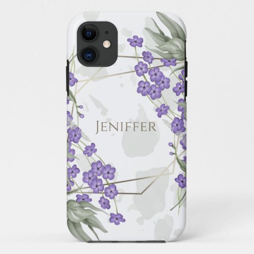 Gold geometric watercolor leafy flower frame       iPhone 11 case