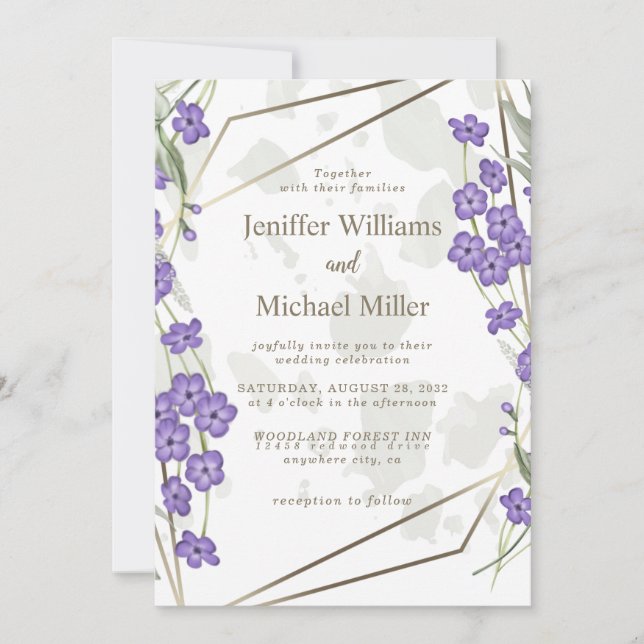 Gold geometric watercolor leafy flower frame invitation (Front)