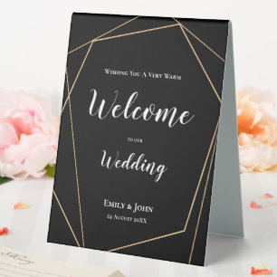 Gold Geometric Wedding Welcome White Text on Black Table Tent