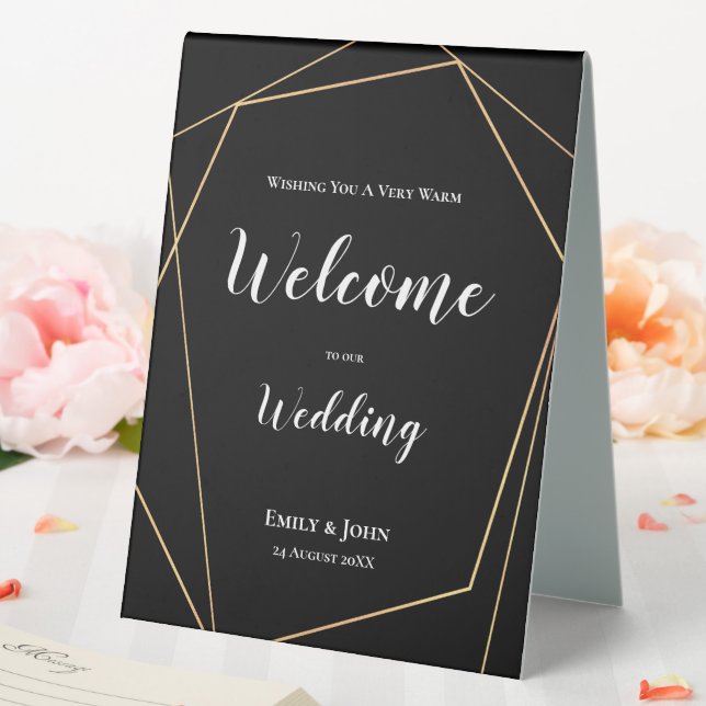 Gold Geometric Wedding Welcome White Text on Black Table Tent (In SItu (Wedding))