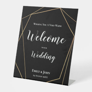 Gold Geometric Welcome To Wedding White on Black Pedestal Sign
