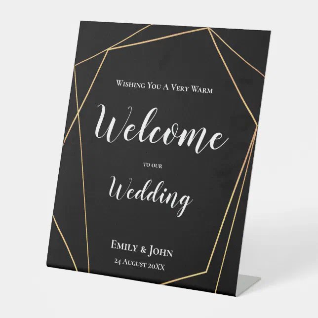 Gold Geometric Welcome To Wedding White on Black Pedestal Sign | Zazzle