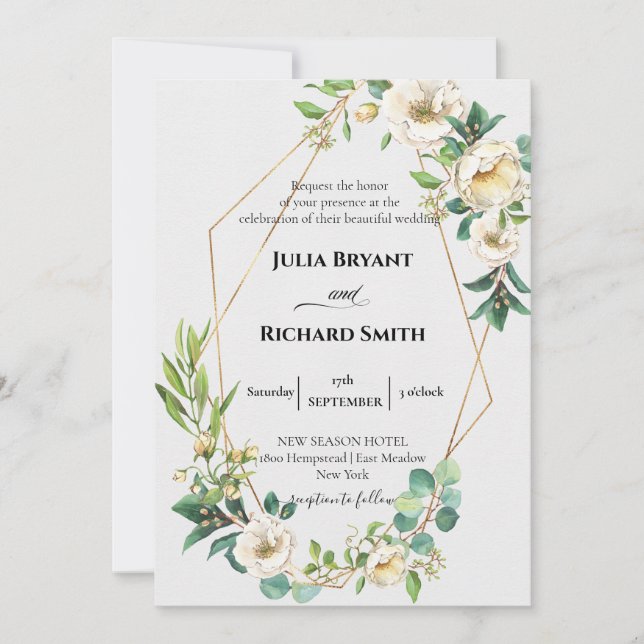 Gold Geometric | White Floral Foliage Wedding Invitation (Front)