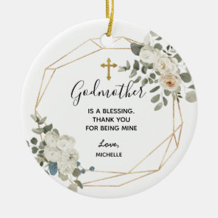 Gold Geometric White Floral Godmother keepsake Ceramic Ornament