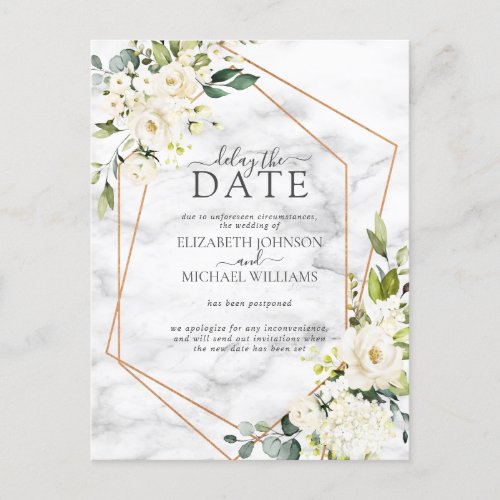 Gold Geometric White Floral Marble Delay The Date Announcement Postcard