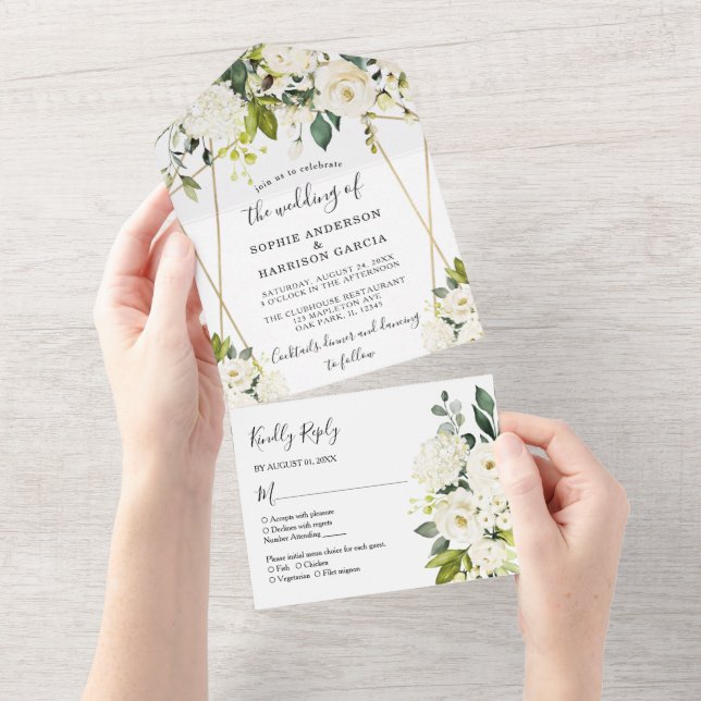 Gold Geometric White Hydrangea Floral Wedding All In One Invitation (Tearaway)