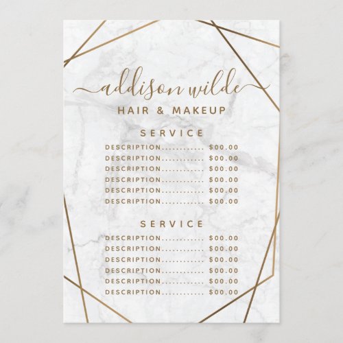 Gold Geometric White Marble Abstract Price List Menu