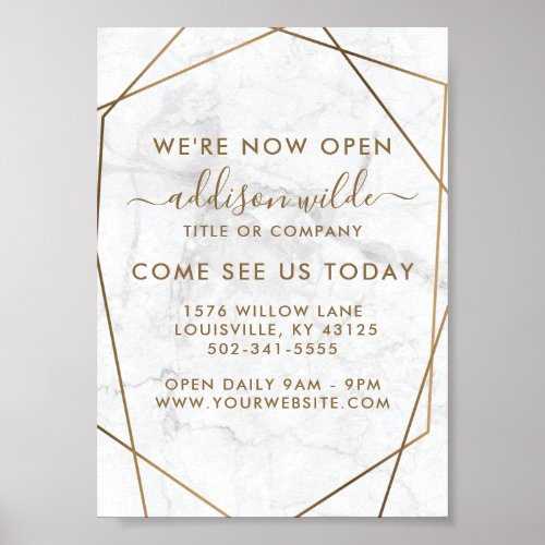 Gold Geometric White Marble Business Opening Poster