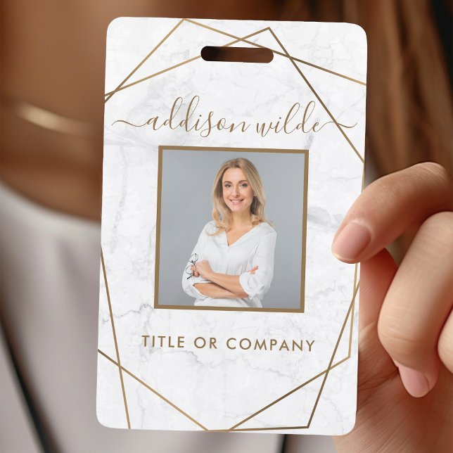 Gold Geometric White Marble Modern Photo ID Badge (Creator Uploaded)