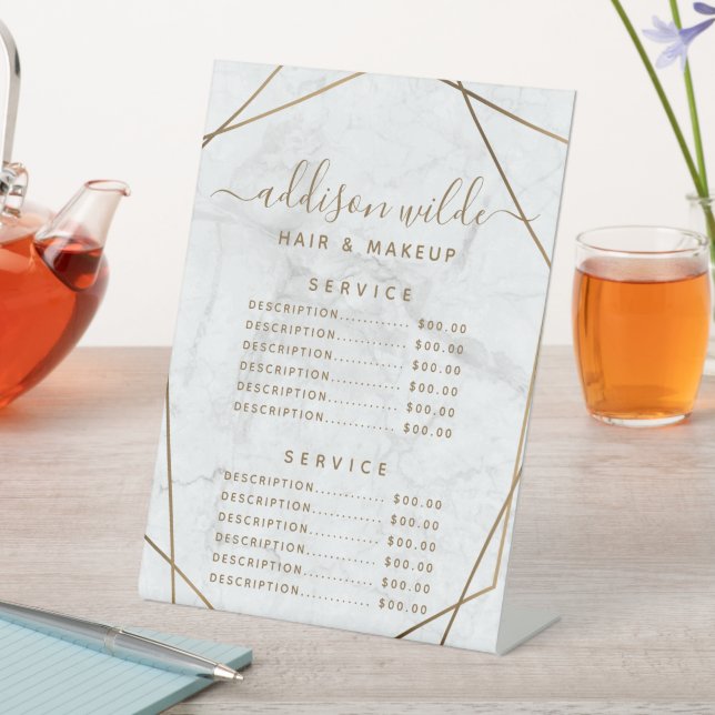 Gold Geometric White Marble Price List Menu Pedestal Sign (In SItu)