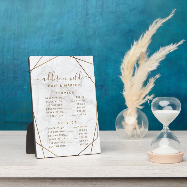 Gold Geometric White Marble Price List Menu Plaque (Side)