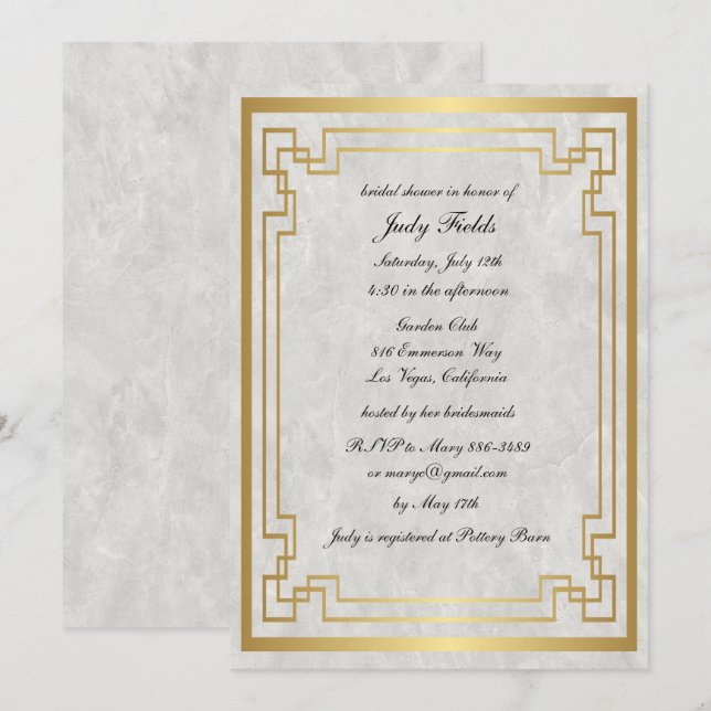 Gold Geometric White Marble Wedding Bridal Shower Invitation (Front/Back)