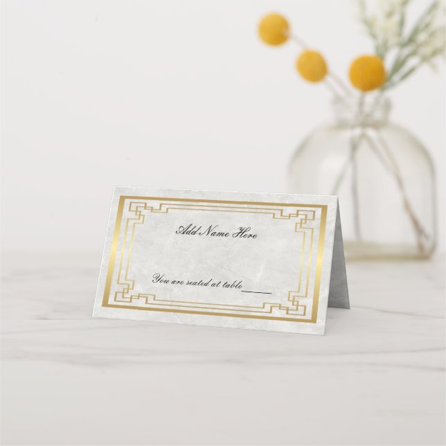 Gold Geometric White Marble Wedding Folded Table Place Card (Front)