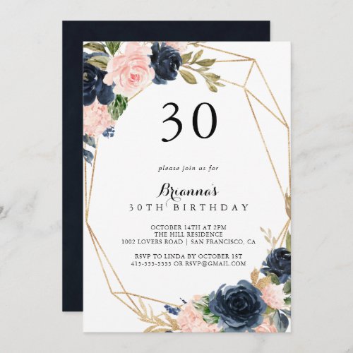 Gold Geometric Winter Floral 30th Birthday Party Invitation
