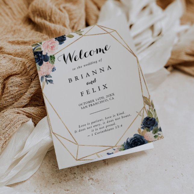 Gold Geometric Winter Floral Folded Wedding Program (Creator Uploaded)