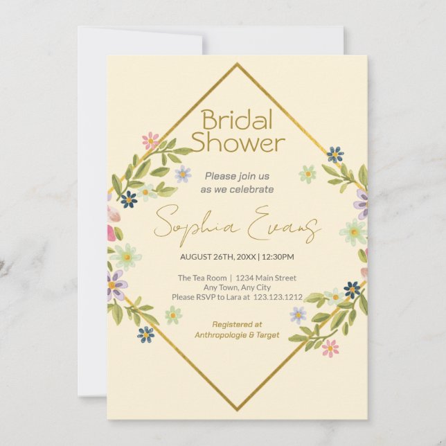 Gold Geometric Yellow  Floral Bridal Shower Invitation (Front)