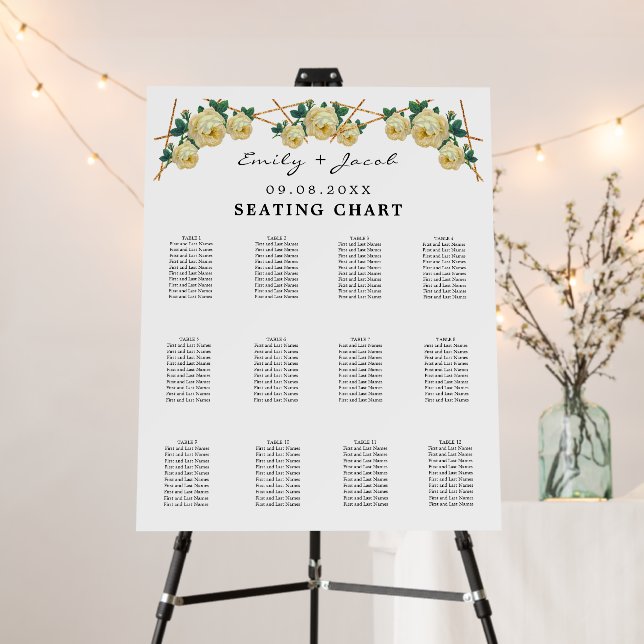 Gold Geometric Yellow Floral Wed 120 Seating Chart Foam Board (In Situ (Stand))