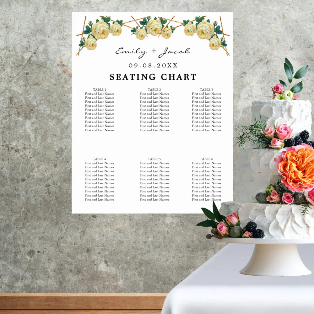 Gold Geometric Yellow Floral Wed 60 Seating Chart 