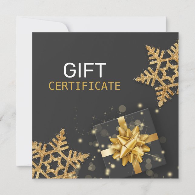 Gold Gift Box Glitter Snowflakes Black Gift Card (Front)