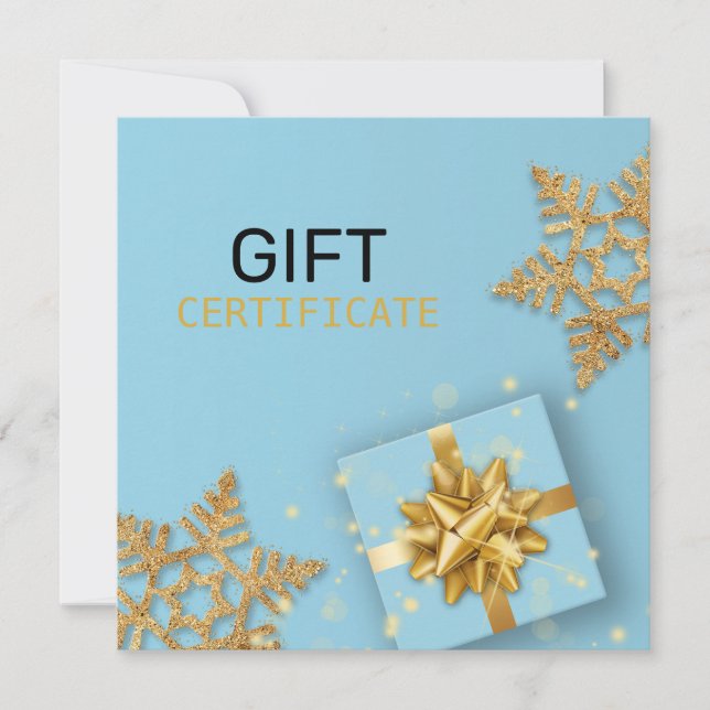 Gold Gift Box Glitter Snowflakes Blue Gift Card (Front)