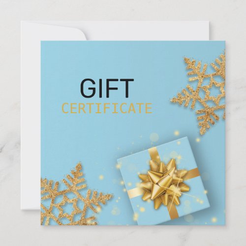 Gold Gift Box Glitter Snowflakes Blue Gift Card