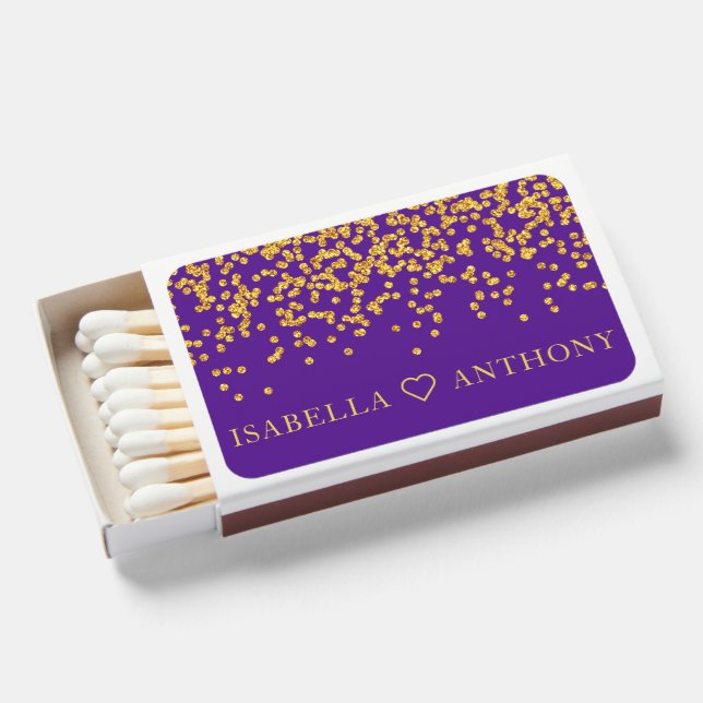 Gold Giltter Purple Bride Groom Name Wedding Favor Matchboxes (Front Open)