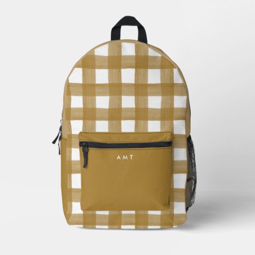 Gold Gingham Watercolor Personalized Name Initial Printed Backpack