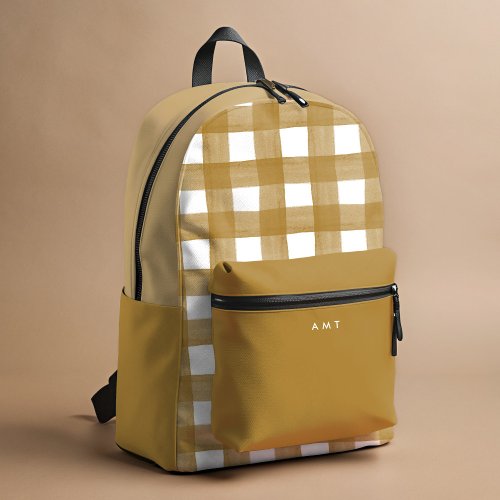 Gold Gingham Watercolor Personalized Name Initial Printed Backpack