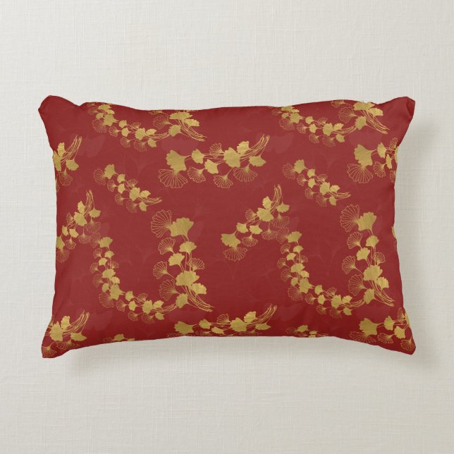 Gold Gingko Balboa Leaves on Dark Red Background Accent Pillow (Front)