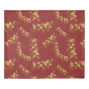 Gold Gingko Balboa Leaves on Dark Red Background Duvet Cover