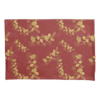 Gold Gingko Balboa Leaves on Dark Red Background Pillow Case
