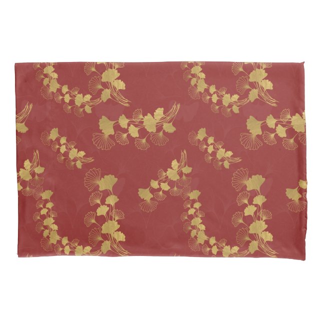 Gold Gingko Balboa Leaves on Dark Red Background Pillow Case (Front)