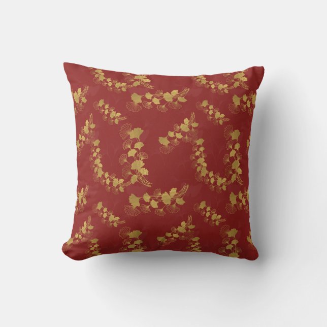 Gold Gingko Balboa Leaves on Dark Red Background Throw Pillow (Front)