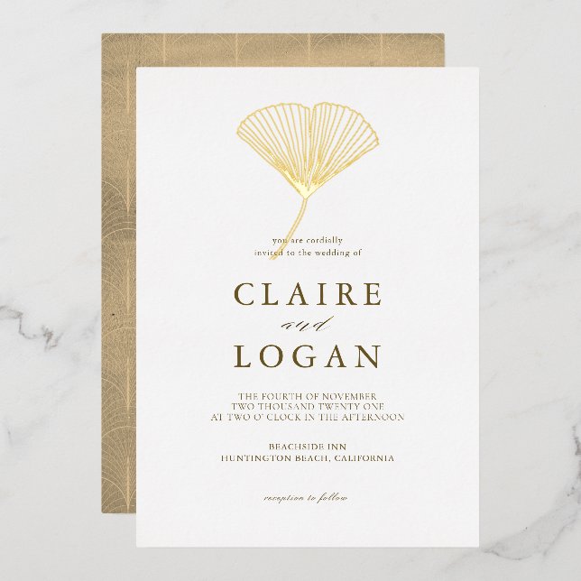 Gold Ginkgo Leaf Elegant Wedding Foil Invitation (Front/Back)