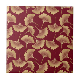 Gold Ginkgo Leaf Pattern in Burgundy for Botanical Ceramic Tile